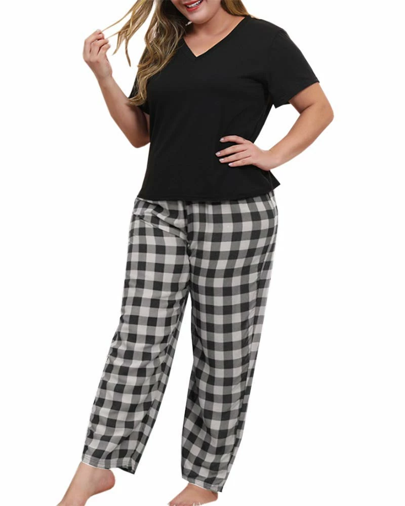 Promo π KAMONG π© Women Plus Size Pajamas Set Plaid Lounge Pants V-Neck Short Sleeve Cotton T π Shirt 2 Piece Sleepwear 5X-Large Black β€οΈ - Image 3