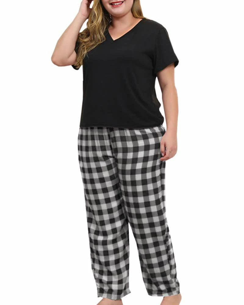 Promo π KAMONG π© Women Plus Size Pajamas Set Plaid Lounge Pants V-Neck Short Sleeve Cotton T π Shirt 2 Piece Sleepwear 5X-Large Black β€οΈ - Image 5