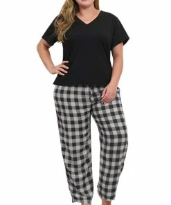 Promo π KAMONG π© Women Plus Size Pajamas Set Plaid Lounge Pants V-Neck Short Sleeve Cotton T π Shirt 2 Piece Sleepwear 5X-Large Black β€οΈ