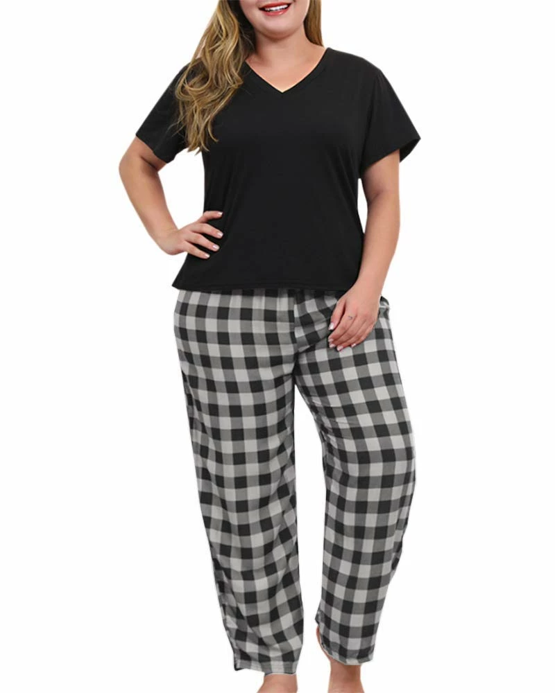 Promo π KAMONG π© Women Plus Size Pajamas Set Plaid Lounge Pants V-Neck Short Sleeve Cotton T π Shirt 2 Piece Sleepwear 5X-Large Black β€οΈ