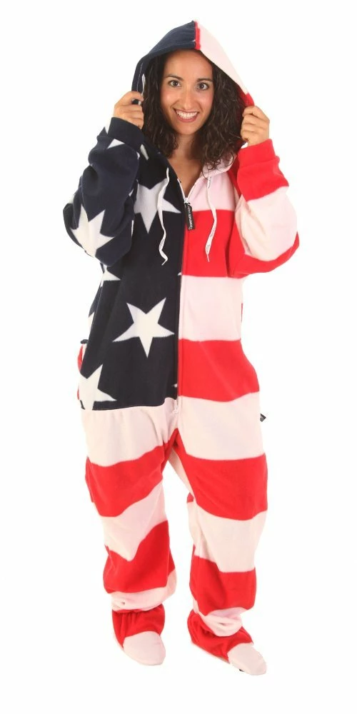 New π Forever Lazy And Uni-Lazy Adult Footed Onesies Pajamas Unisex US Flag Stars And Stripes Red π€© - Image 2