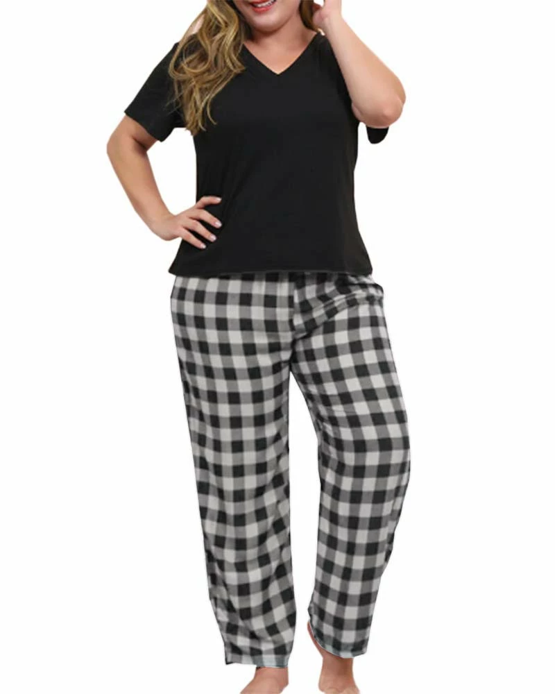 Promo π KAMONG π© Women Plus Size Pajamas Set Plaid Lounge Pants V-Neck Short Sleeve Cotton T π Shirt 2 Piece Sleepwear 5X-Large Black β€οΈ - Image 2
