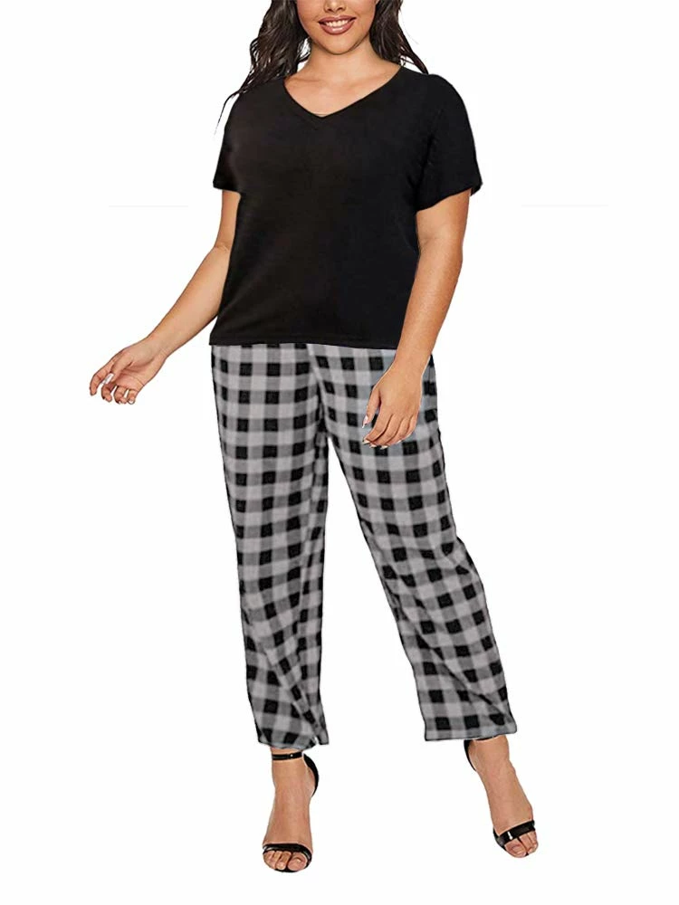 Promo π KAMONG π© Women Plus Size Pajamas Set Plaid Lounge Pants V-Neck Short Sleeve Cotton T π Shirt 2 Piece Sleepwear 5X-Large Black β€οΈ - Image 4