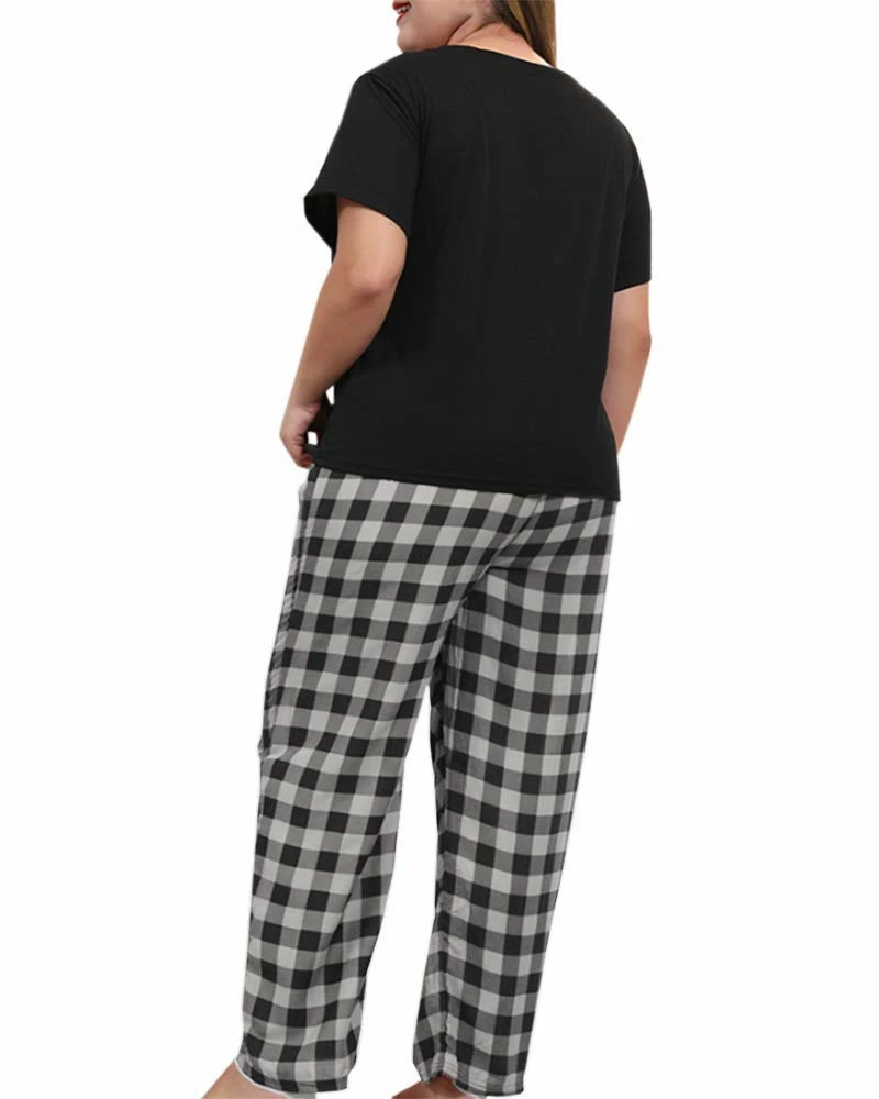 Promo π KAMONG π© Women Plus Size Pajamas Set Plaid Lounge Pants V-Neck Short Sleeve Cotton T π Shirt 2 Piece Sleepwear 5X-Large Black β€οΈ - Image 6