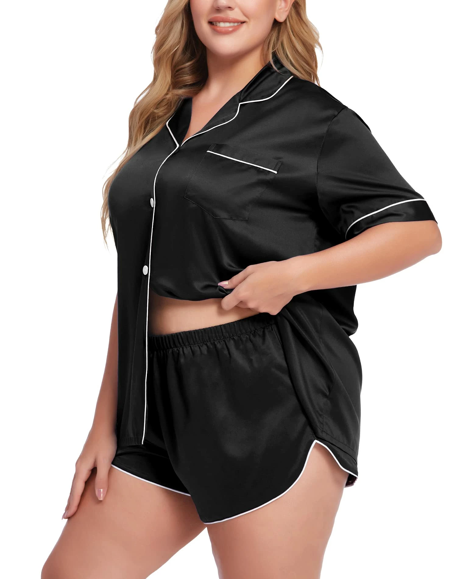 Best deal β¨ PajamaCity π© Women's Plus Size Pajamas Satin Set Short Sleeve Black βοΈ - Image 2