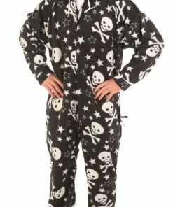 New ✔️ Forever Lazy And Uni-Lazy Skulls On Black Footed Adult Onesies Pajama Unisex Medium 😉