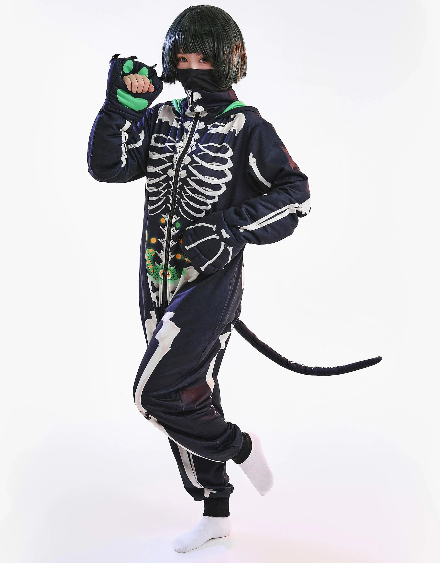 Hot Sale π PajamaCity Haikyuu π¦ Halloween π© Women Skull Cat Onesie Skeleton Pajama Cosplay Costume Loungewear Hooded Kigurumi Jumpsuit Homewear X-Large Black β¨ - Image 4