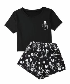 Discount 🔥 PajamaCity Romwe 👩 Women's Short Sleeve Sleepwear Skeleton Print Nightwear 2 Piece Pajama Set Small Black 👏