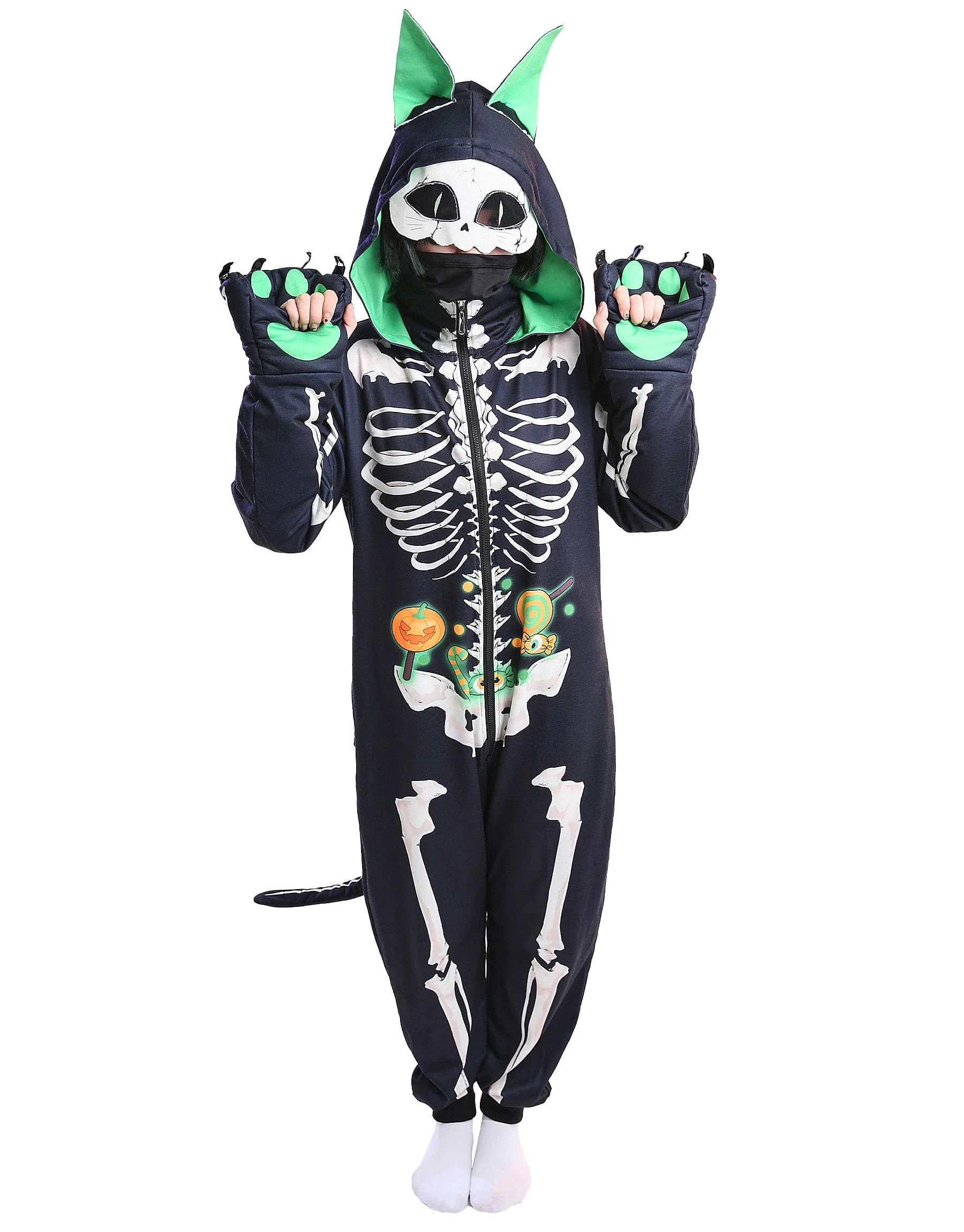 Hot Sale π PajamaCity Haikyuu π¦ Halloween π© Women Skull Cat Onesie Skeleton Pajama Cosplay Costume Loungewear Hooded Kigurumi Jumpsuit Homewear X-Large Black β¨ - Image 3