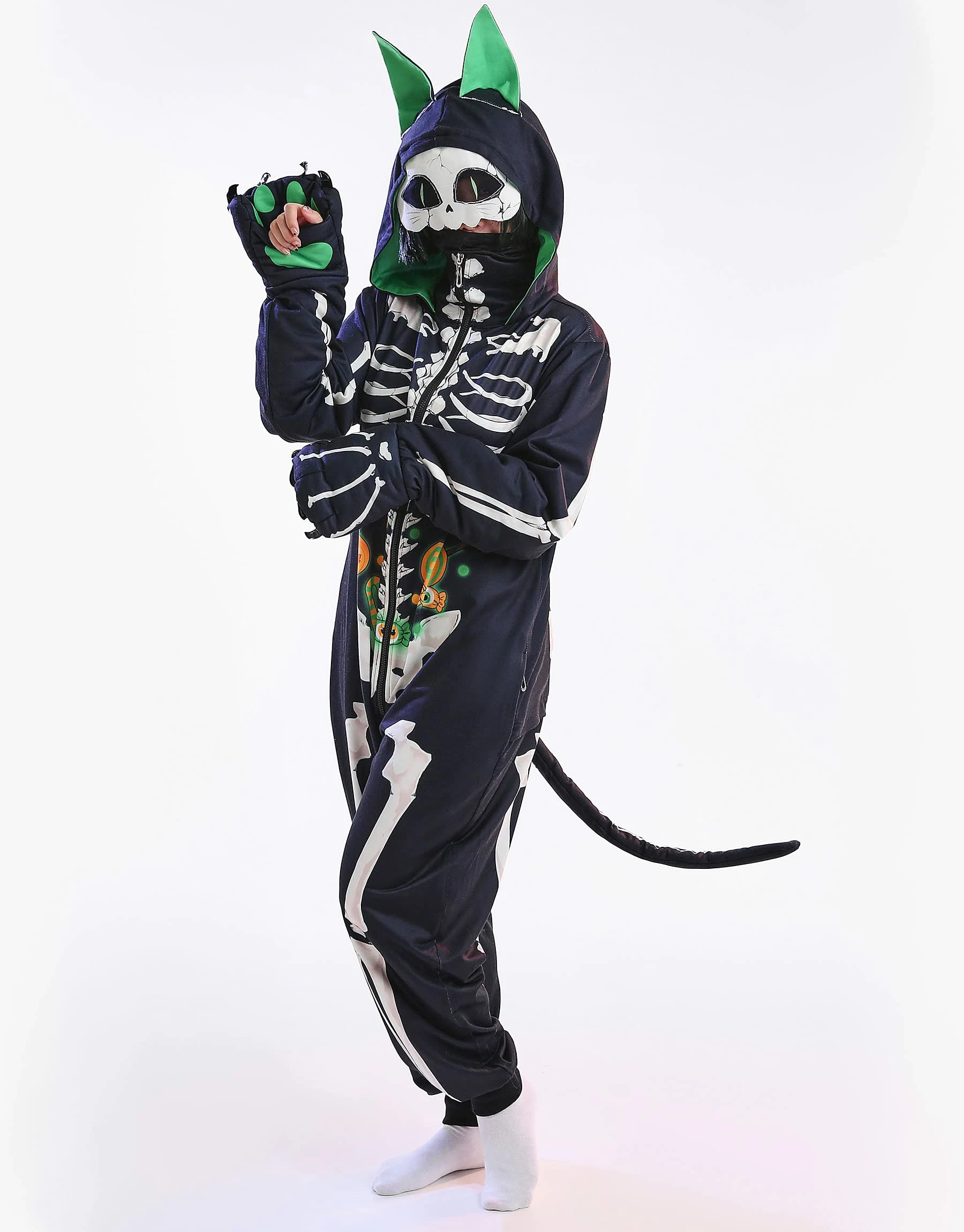 Hot Sale π PajamaCity Haikyuu π¦ Halloween π© Women Skull Cat Onesie Skeleton Pajama Cosplay Costume Loungewear Hooded Kigurumi Jumpsuit Homewear X-Large Black β¨ - Image 5