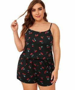 Deals 🤩 PajamaCity 👩 Women's Plus Size Pajamas Cherry Print Cami Top And Shorts A-black 🧨