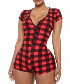 Brand new 🔥 PajamaCity 👩 Women 's Bodysuit Short Sleeve Deep V Sexy 🎅 Christmas Pajama C-christmas Plaid 😍