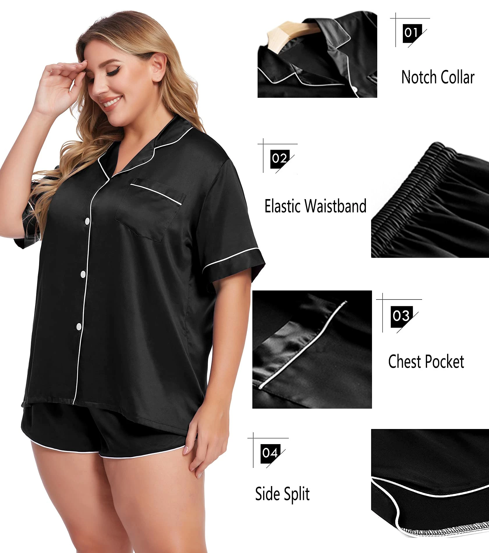 Best deal β¨ PajamaCity π© Women's Plus Size Pajamas Satin Set Short Sleeve Black βοΈ - Image 3