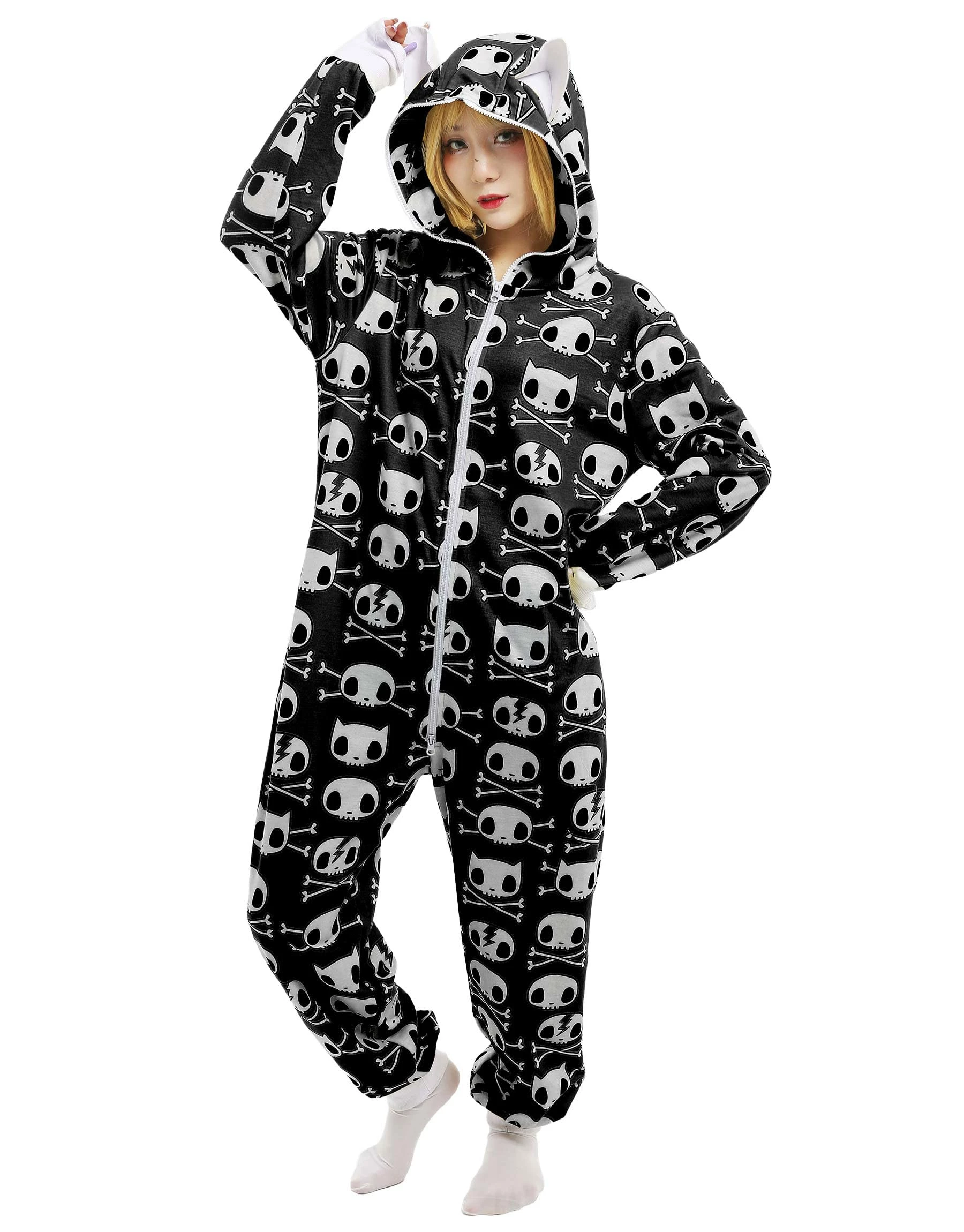 Hot Sale π PajamaCity Haikyuu π¦ Halloween π© Women Skull Cat Onesie Skeleton Pajama Cosplay Costume Loungewear Hooded Kigurumi Jumpsuit Homewear X-Large Black β¨ - Image 10