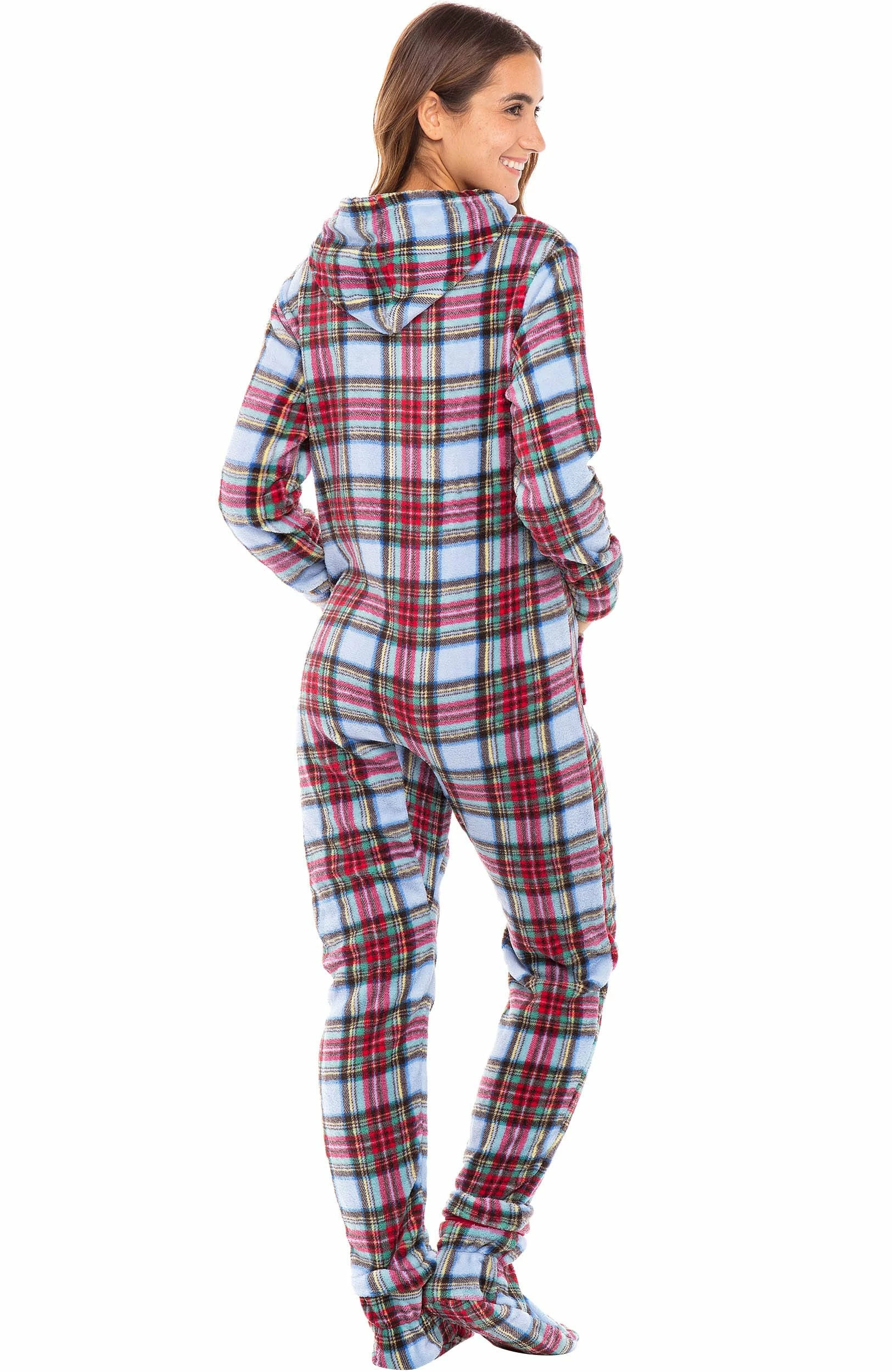 Best Sale π€© Alexander Del Rossa π© Women's Warm Fleece One Piece Footed Pajamas, Adult Onesie With Hood For Winter 2X π Christmas Plaid Red And Light Blue Footed π - Image 2