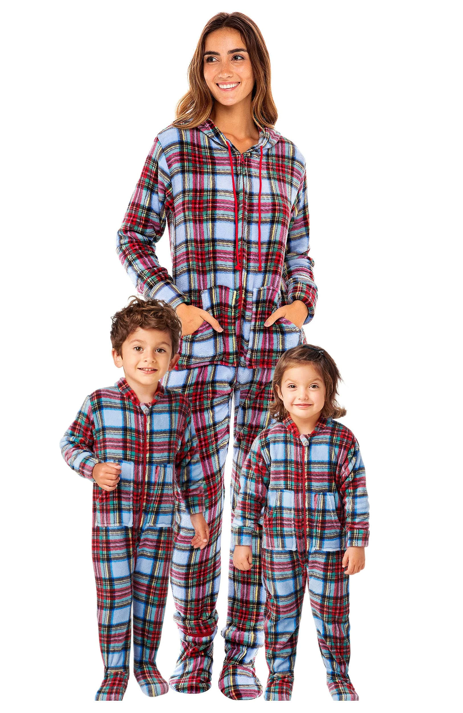 Best Sale π€© Alexander Del Rossa π© Women's Warm Fleece One Piece Footed Pajamas, Adult Onesie With Hood For Winter 2X π Christmas Plaid Red And Light Blue Footed π